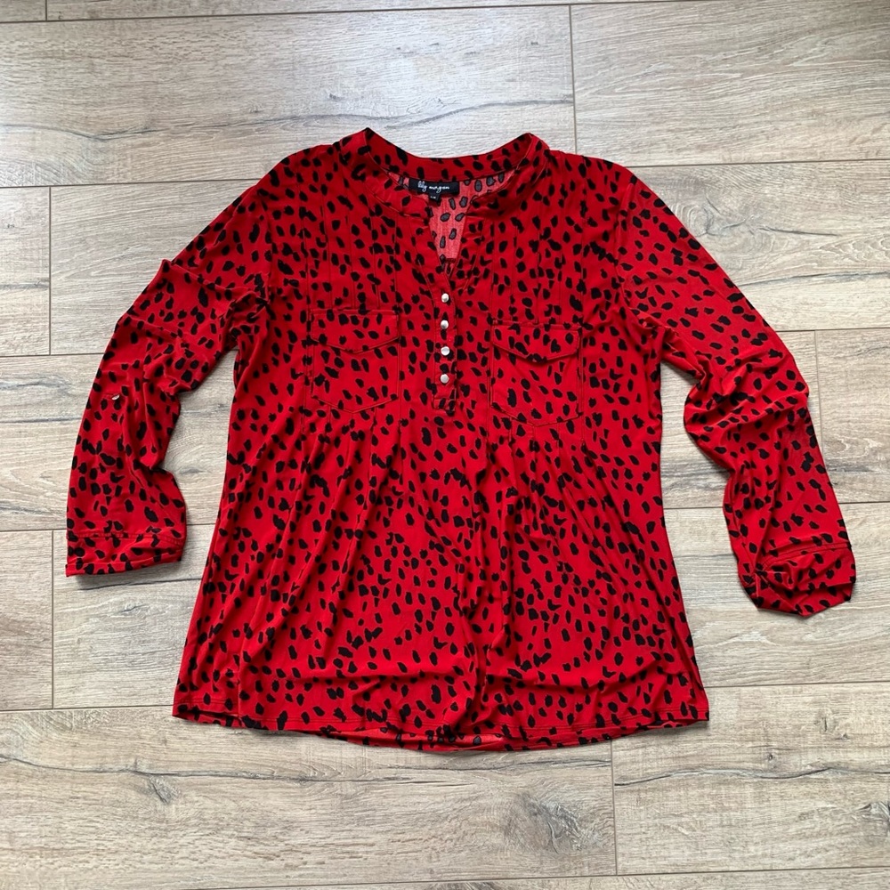 Red Animal Print Henley Blouse - Women